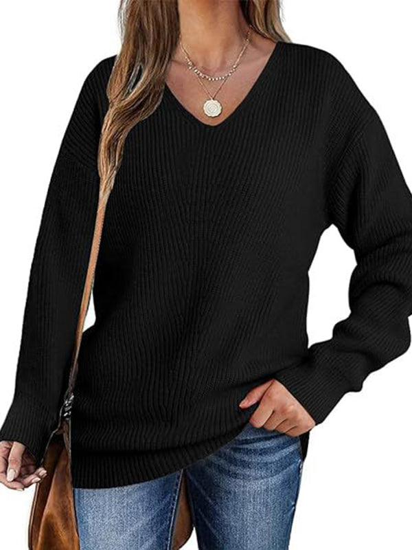Solid Color Long Sleeves Loose V-Neck Sweater Tops Pullovers