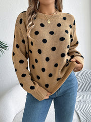 Contrast Color Polka-Dot Long Sleeves Loose Round-Neck Sweater Tops Pullovers