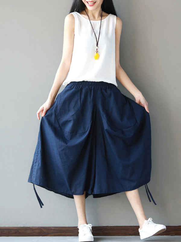 Drawstring Elasticity Solid Color Split-Joint High Waisted Loose Pants Cropped Trousers