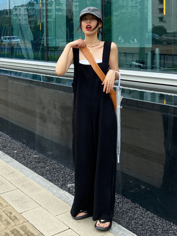 Original Creation Sleeveless Loose Solid Color Square-Neck Overalls