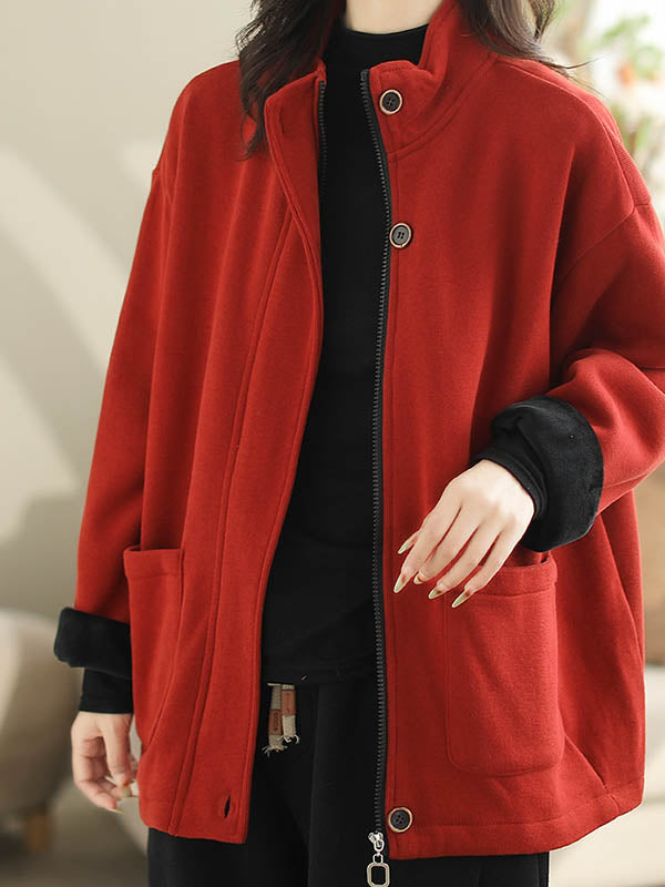 Buttoned Keep Warm Pockets Split-Joint Velvet Zipper Long Sleeves Loose Stand Collar Outerwear