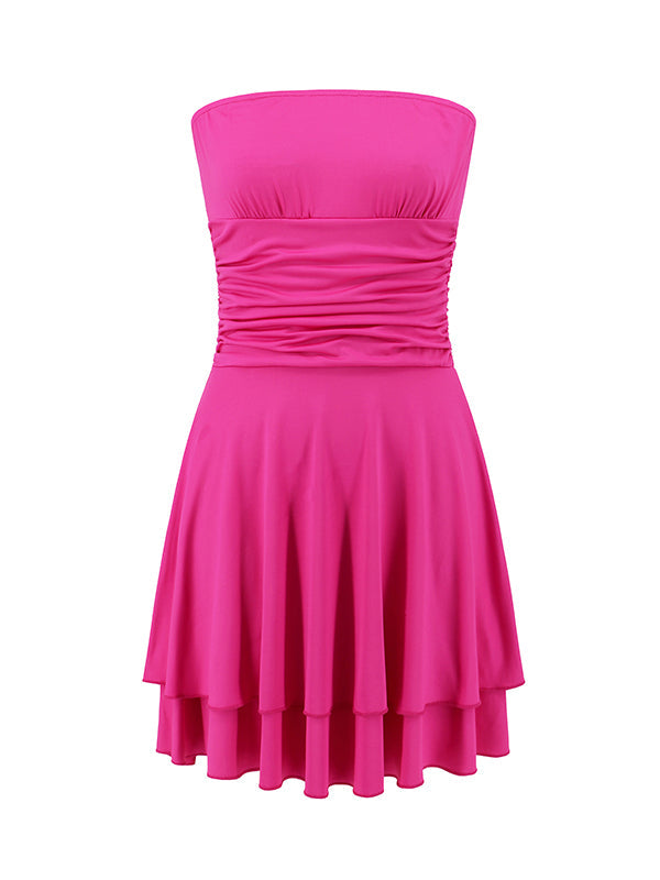 Double Layered Pleated Solid Color Split-Joint Skinny Sleeveless Tube Mini Dresses