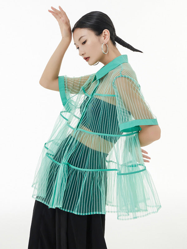 Original Short Sleeves Loose Buttoned Mesh Pleated Solid Color Blouses&Shirts Tops