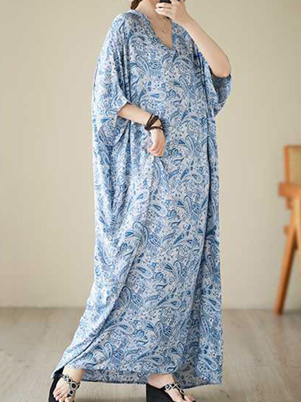Printed Batwing Sleeves Loose V-Neck Maxi Dresses