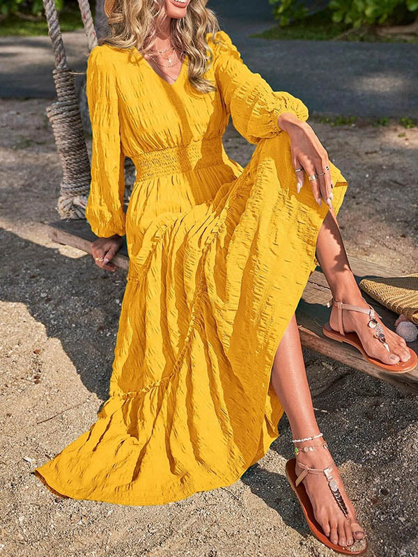 Elasticity Solid Color Split-Joint A-Line Long Sleeves V-Neck Maxi Dresses