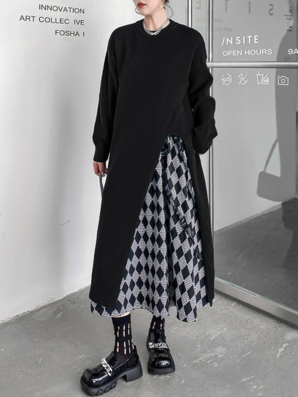 Solid Color Split-side Long Sleeves Loose Round-neck Sweater Tops