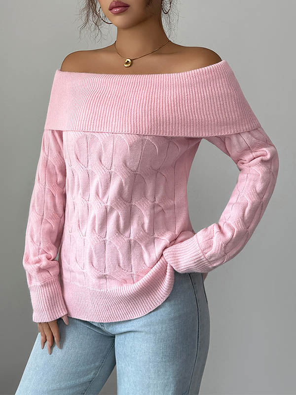Solid Color Split-Joint Long Sleeves Off-The-Shoulder Sweater Tops Pullovers