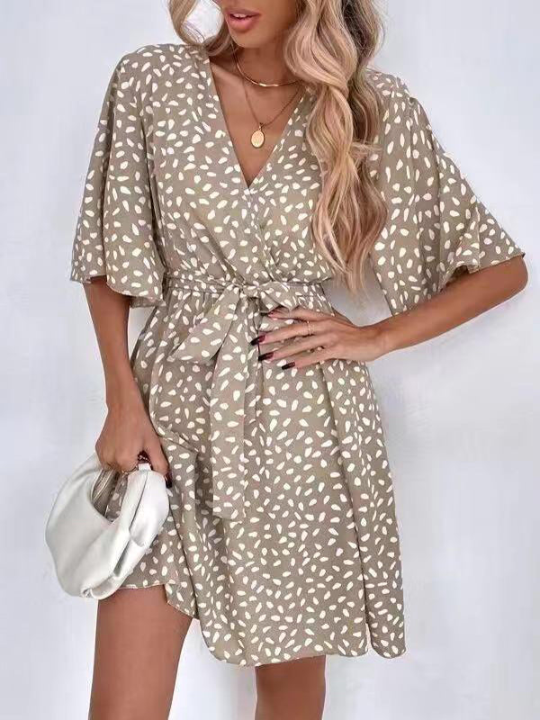 Pleated Printed Ruffled Tied Waist Half Sleeves Loose V-Neck Mini Dresses