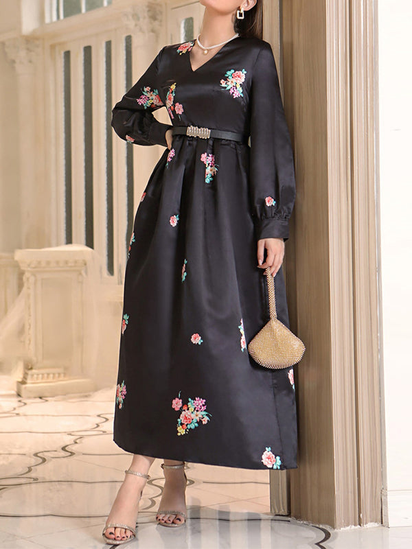 Belted Flower Print A-Line High Waisted V-Neck Maxi Dresses