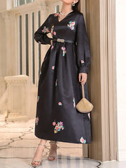Belted Flower Print A-Line High Waisted V-Neck Maxi Dresses