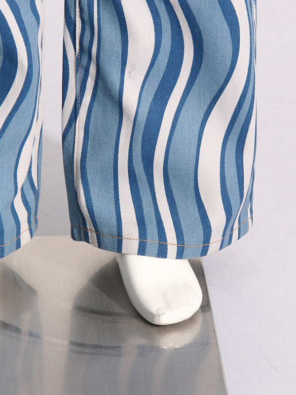 Split-Joint Striped Patterns High Waisted Loose Jean Pants Bottoms