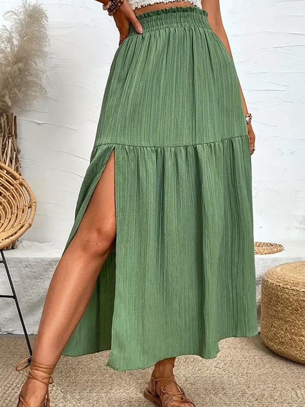 Elasticity Solid Color Split-Joint Split-Side A-Line Loose Skirts Bottoms