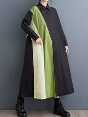 Asymmetric Buttoned Contrast Color Long Sleeves Loose Lapel Midi Dresses