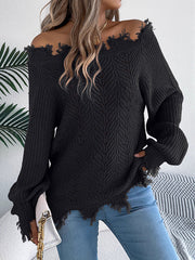 Hollow Knitted Leaves Ribbed Knit See-Through Solid Color Long Sleeves Off-The-Shoulder Sweater Tops
