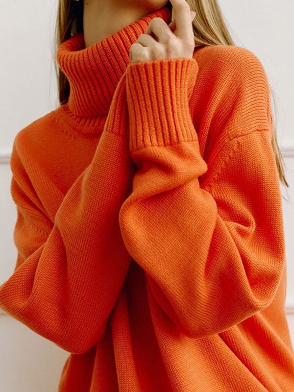 Casual Long Sleeves Loose Solid Color High-Neck Sweater Tops