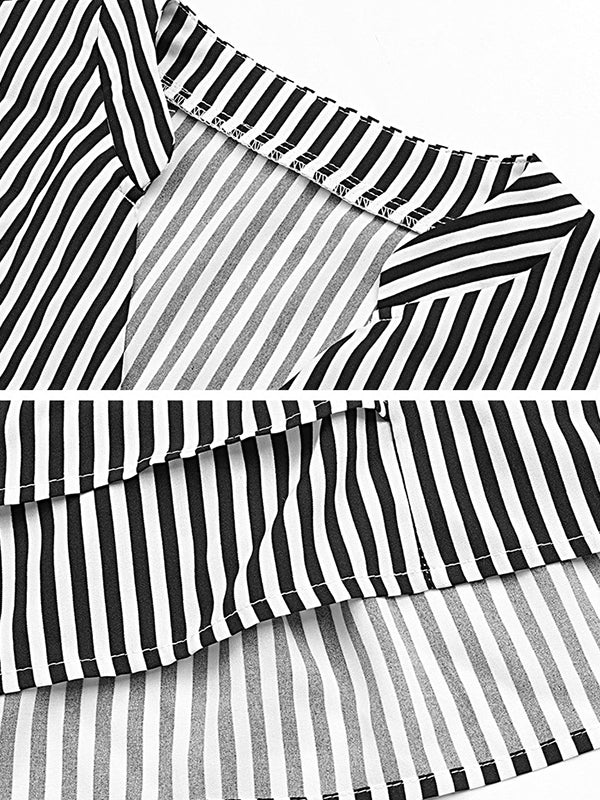 Asymmetric Falbala Pleated Split-Joint Striped Tiered Loose Raglan Sleeve V-Neck Blouses&Shirts Tops