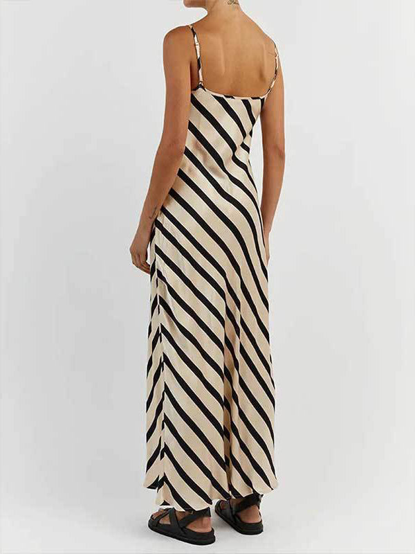 Striped High Waisted Loose Spaghetti-Neck Maxi Dresses
