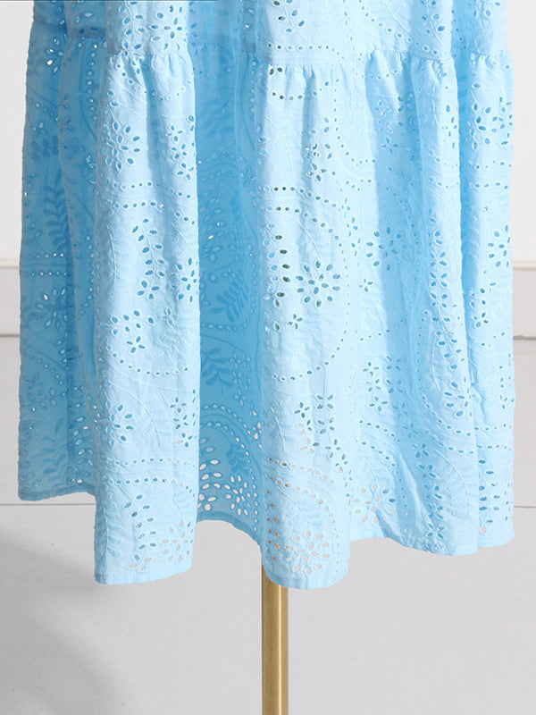 Buttoned Crochet Embroidered Hollow Solid Color Zipper High Waisted Sleeveless Deep V-Neck Maxi Dresses