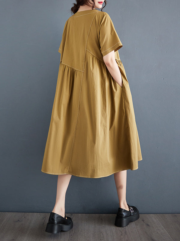 Asymmetric Pleated Pockets Solid Color Split-Joint A-line Loose Round-neck Midi Dresses