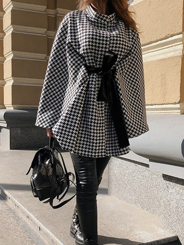 Houndstooth Tied Waist Batwing Sleeves Long Sleeves Stand Collar Outerwear Cape