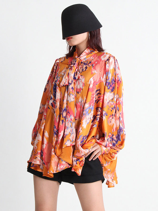 Loose Printed Puff Sleeves Pleated Stand Collar Blouses