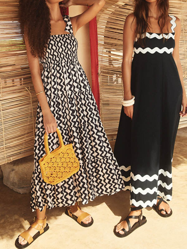 A-line High Waisted Contrast Color Zipper Square-neck Maxi Dresses Midi Dresses
