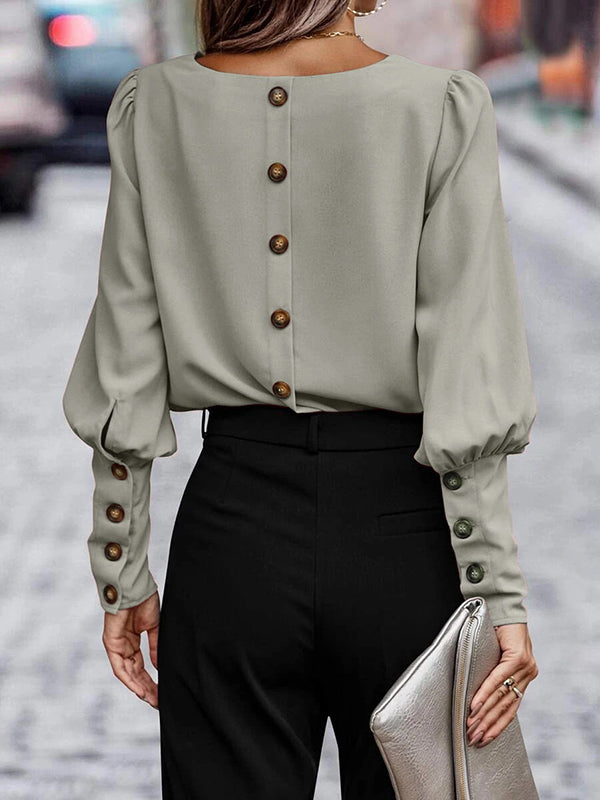 Buttoned Pleated Solid Color Long Sleeves Loose Round-Neck Blouses&Shirts Tops
