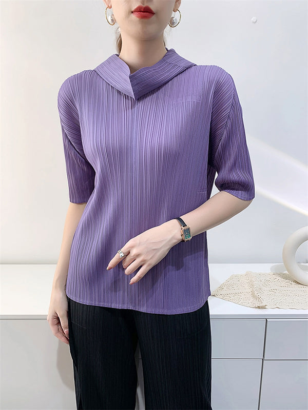 Pleated Solid Color Half Sleeves Hooded Mock Neck T-Shirts Tops