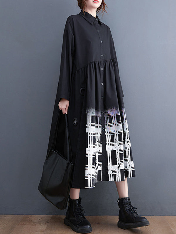Buttoned Gradient Plaid A-Line Long Sleeves Lapel Midi Dresses