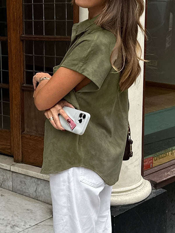 Buttoned Pockets Solid Color Loose Raglan Sleeve Lapel Blouses&Shirts Tops
