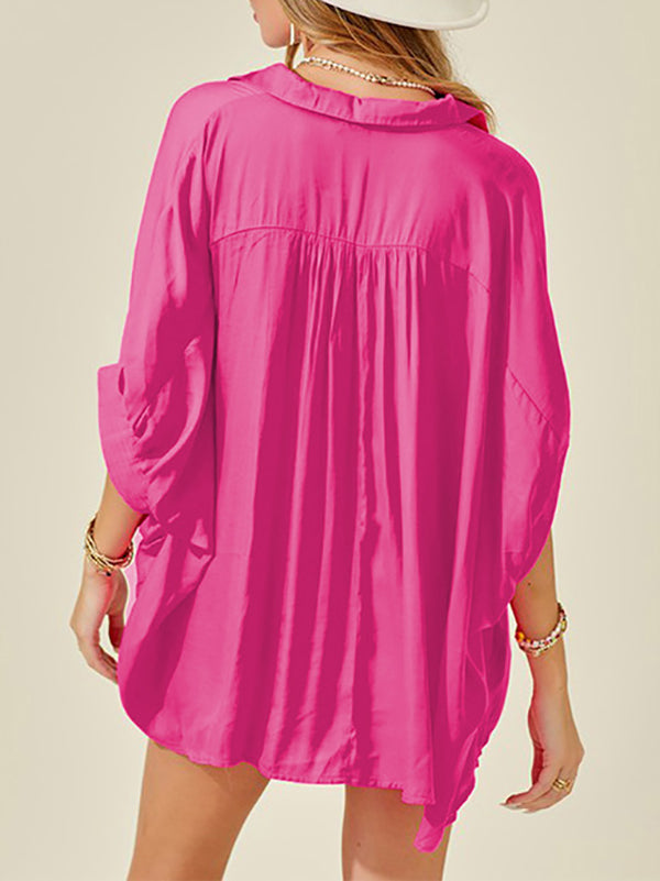 Pleated Split-Front Split-Joint Batwing Sleeves Half Sleeves Lapel Blouses