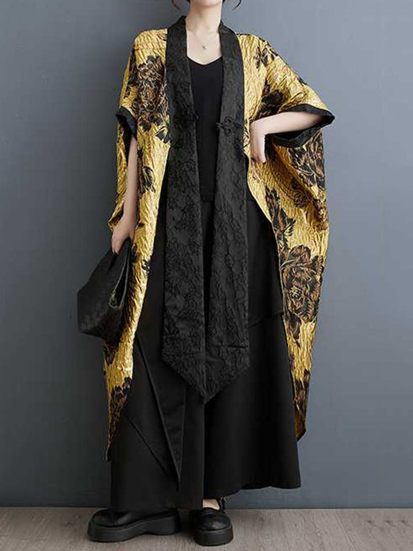 Flower-Embellished Chinese Frog Buttons Pleated Split-Joint Batwing Sleeves Loose V-Neck Outerwear
