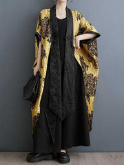 Flower-Embellished Chinese Frog Buttons Pleated Split-Joint Batwing Sleeves Loose V-Neck Outerwear