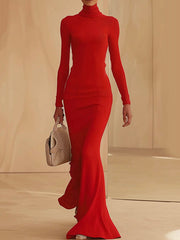 Long Sleeves Skinny Solid Color High Neck Maxi Dresses