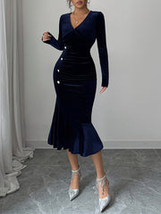 Buttoned Pleated Solid Color Velvet Bodycon High Waisted V-Neck Midi Dresses