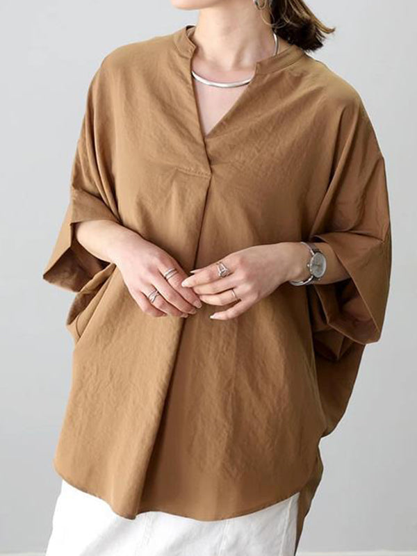 Pleated Solid Color Split-Joint Half Sleeves High-low V-neck Blouses&shirts Tops