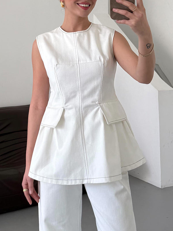 Pleated Solid Color Loose Sleeveless Round-Neck Vest Top