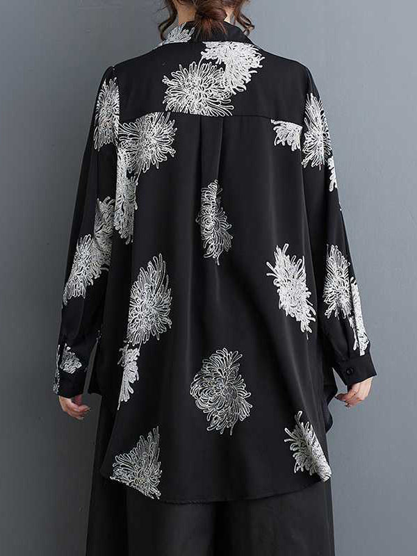 Buttoned Flower Print Pleated Split-front Long Sleeves Loose Lapel Blouses&shirts Tops