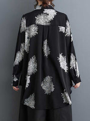 Buttoned Flower Print Pleated Split-front Long Sleeves Loose Lapel Blouses&shirts Tops