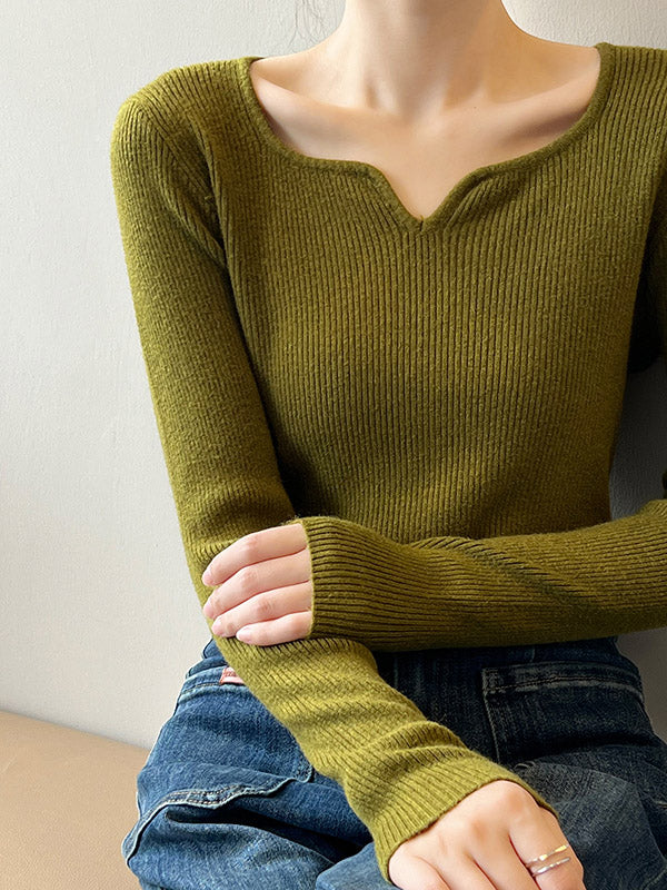 Urban Skinny Long Sleeves Elasticity Solid Color V-Neck Sweater Tops Pullovers