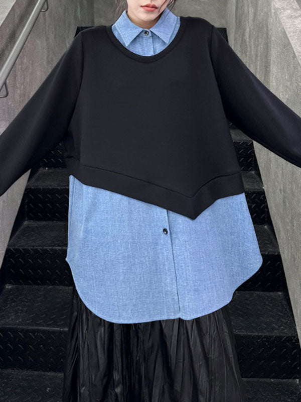 Asymmetric Buttoned Contrast Color Split-Joint False Two Long Sleeves Lapel Sweatshirt Tops