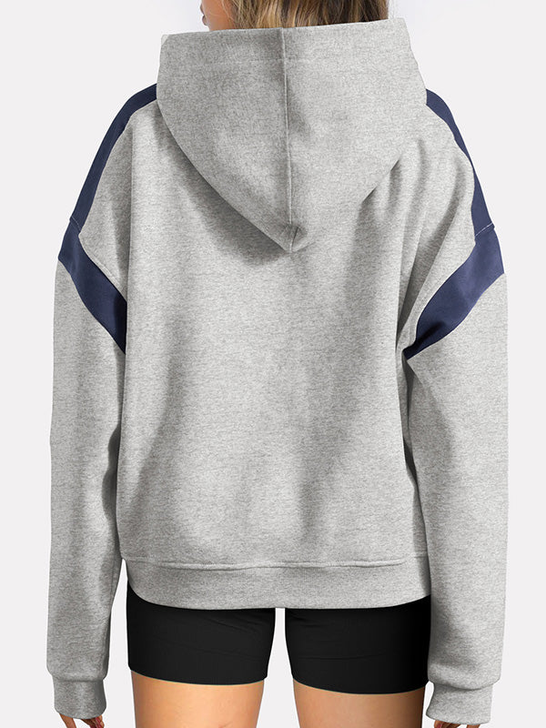 Contrast Color Pockets Split-Joint Hooded Long Sleeves Hoodies Tops
