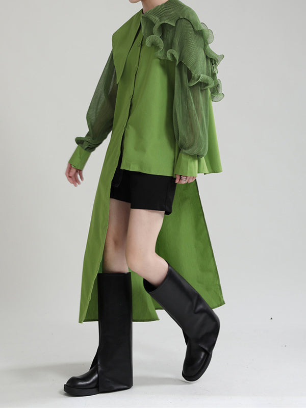 Asymmetric Pleated Solid Color Split-Joint Falbala Long Sleeves Loose Lapel Blouses&shirts Tops
