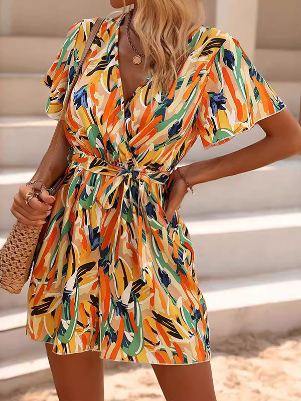 Printed Tied Waist High Waisted Loose V-Neck Mini Dresses