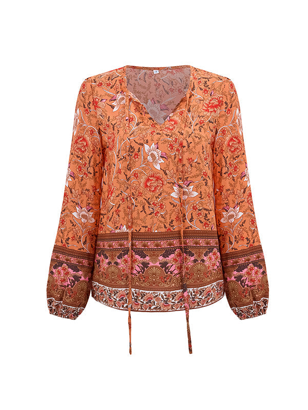 Elasticity Flower Print Tied Long Sleeves Loose V-Neck Blouses&Shirts Tops