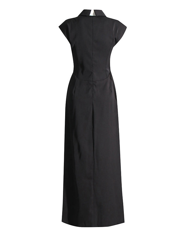 Asymmetric Hollow Rhine Stones Split-Front Split-Joint Tasseled High Waisted Sleeveless Lapel Midi Dresses