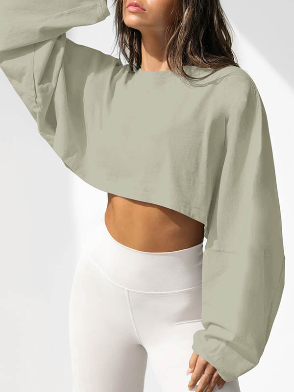 Solid Color Split-Joint Long Sleeves Loose Round-Neck Sweatshirt Tops
