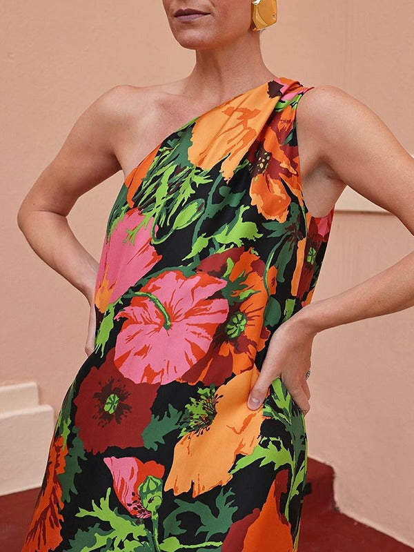 Contrast Color Flower Print Loose Sleeveless One-Shoulder Maxi Dresses