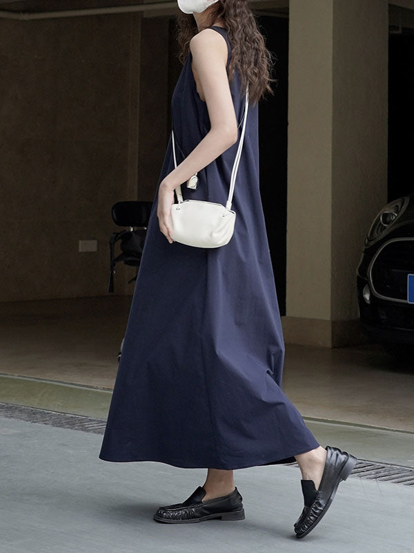 Solid Color Loose Sleeveless Round-Neck Midi Dresses