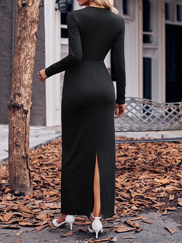 Bowknot Solid Color Bodycon Long Sleeves V-neck Maxi Dresses